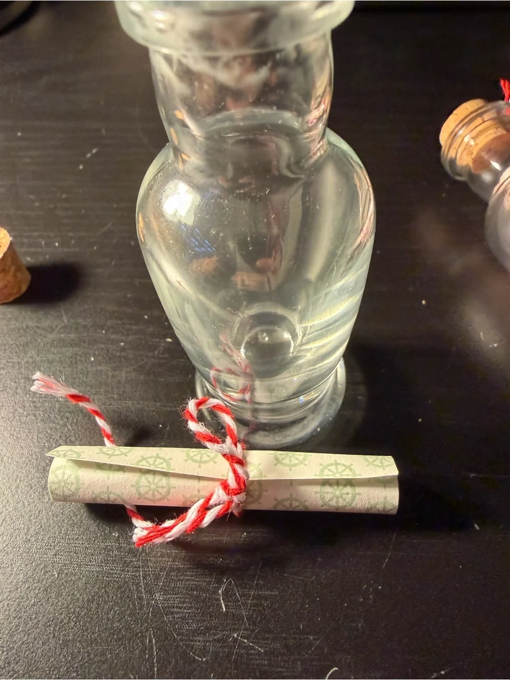 Glass Message Bottles with Cork Stoppers and Red-White Twine - Clear